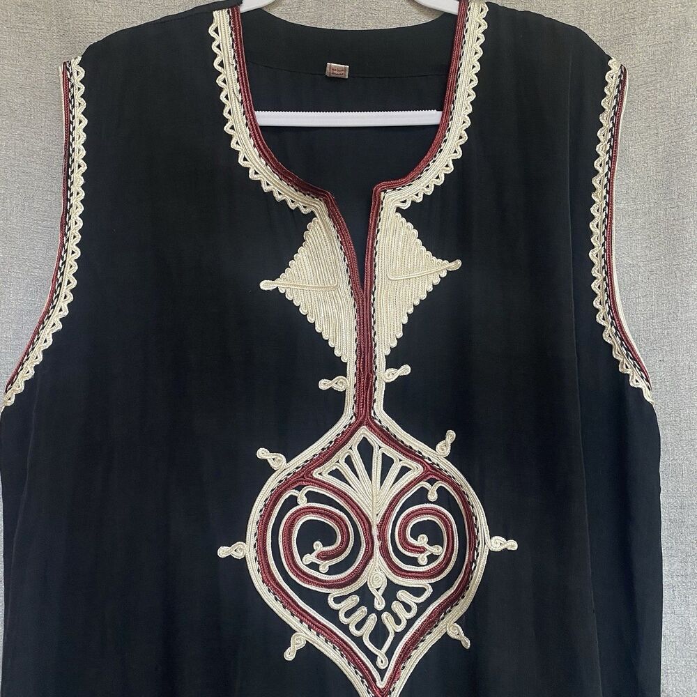 Women’s Egyptian Galabeya Kaftan Jalabiya Maxi Dress XL Black Cord Embroidered